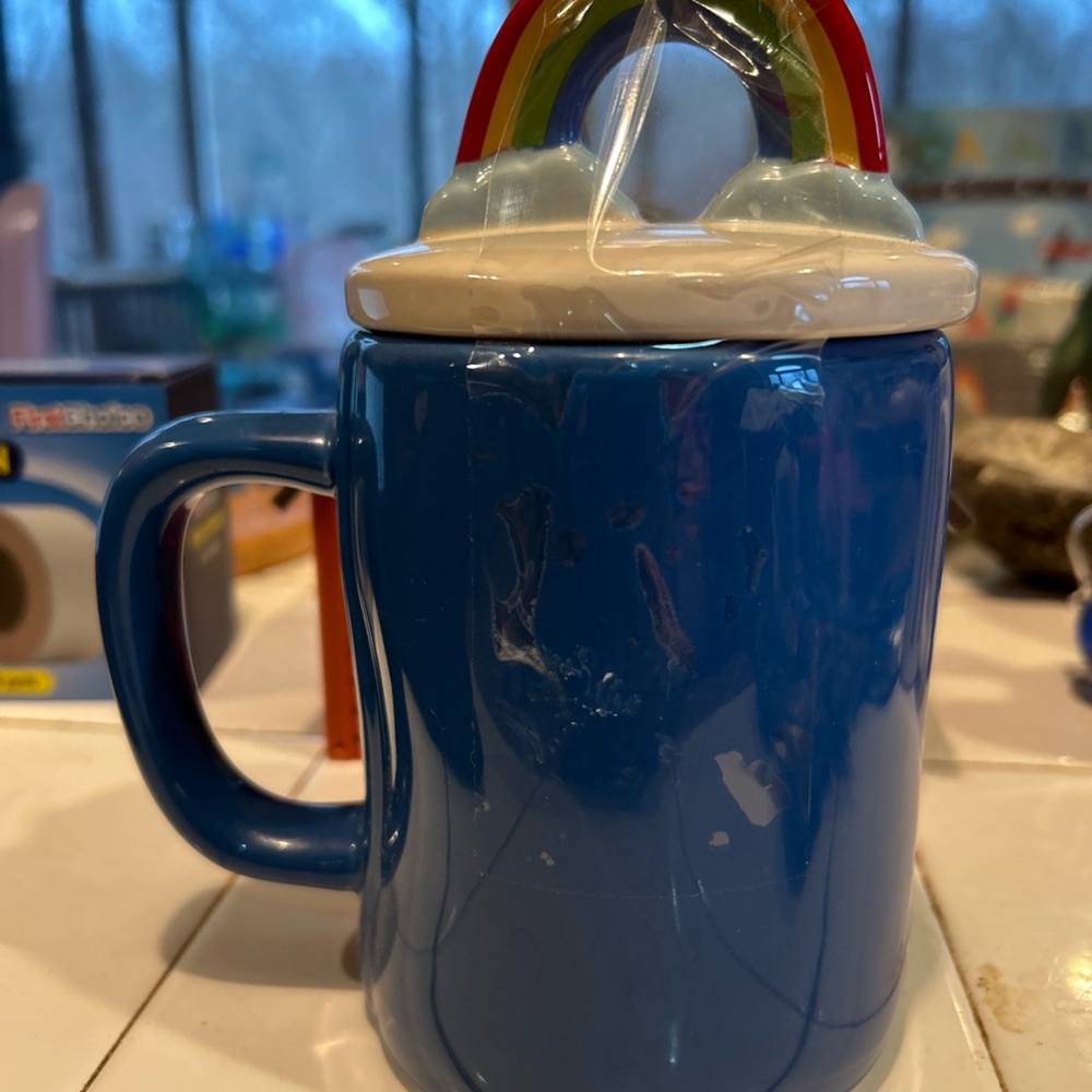 Rae Dunn Blue coffee tea Mug with Rainbow Lid